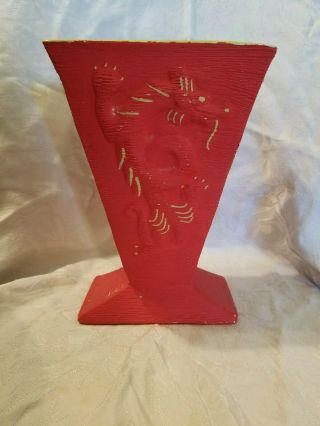 Miramar Of California Orange/red And Bright Green Pottery Vase W/ Dragon Design