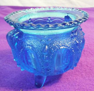 Vintage Blue Thumbprint Footed Pressed Glass Votive Holder 2 " Bowl Pot Cauldron