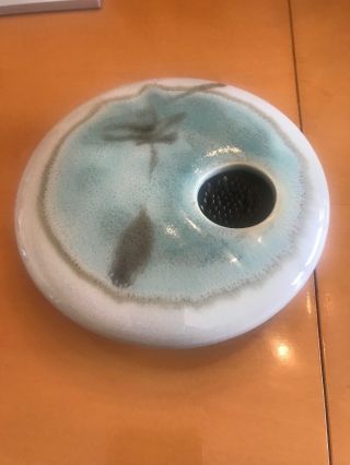 6 " Round Georgetown Pottery Ikebana Blue/green Flower Vase Frog Metal Spike