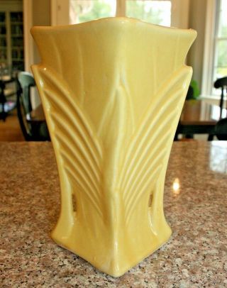 Vintage Mccoy Pottery 9 " Yellow Double Handled Vase With A Ribbed Pattern