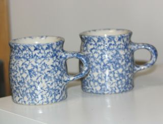 2 Gerald E.  Henn Workshops Blue Spongeware Roseville Oh Coffee Cups/mugs 10 Oz.