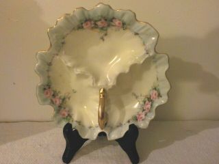 Antique Oyster Candy Nut Dish Pink Rose Floral Blue Ruffled Trim Unmarked