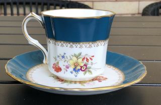 Vintage Hammersley England Bone China Tea Cup Saucer Teal Blue Floral Flowers