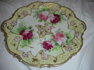 Antique Nippon Plate Platter Hand Painted Pink Roses Gold Pierced Double Handle
