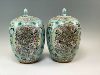 Pair Large 13 - 1/2 " Vintage Chinese Enamel Painted Jars W/ Scenes Objects