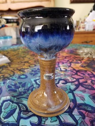 Hand Crafted Drip Glaze Jack Pott Studio Pottery Pedestal Cup In Blues & Browns