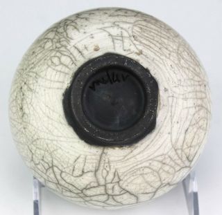 Signed Mystery Maker Studio Crafted Art Pottery Crackle Glaze Striped Bowl BNF 4