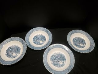 4 ROYAL CURRIER AND IVES BLUE RIM SOUP BOWLS 8 & 1/2 