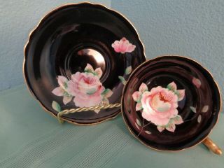 Prince China Occupied Japan Cup And Saucer Black W/floral Flowers