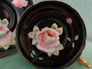 PRINCE CHINA OCCUPIED JAPAN CUP AND SAUCER BLACK W/FLORAL FLOWERS 2