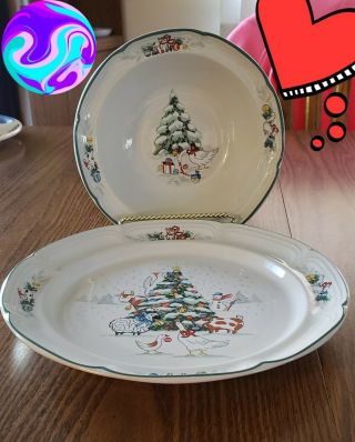Rare International Tableworks Country Christmas 8966 Dinner Plate & Large Bowl