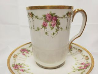 Antique Limoges France Demitasse Tea/coffee Cup & Saucer Pink Roses Vines