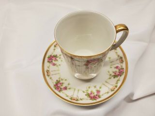 Antique Limoges France Demitasse Tea/Coffee Cup & Saucer Pink Roses Vines 2