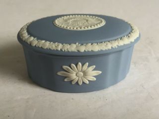 Vintage Wedgwood Pale Blue Jasperware Oval Covered Trinket Box Sunflower