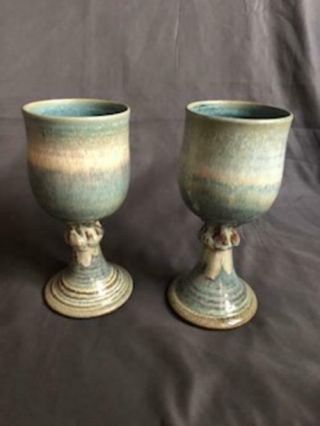 Set Of 2 Vintage Hand Made Ceramic Pottery Wine Glasses Goblets Tan Blue Rd