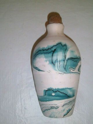 Vintage Nemadji Indian River Art Pottery Bottle Handmade Usa Green Black Swirl
