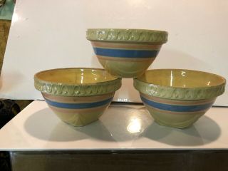 3 Pink & Blue Striped Yellow Ware Stoneware Antique Mixing Bowl Band Crock