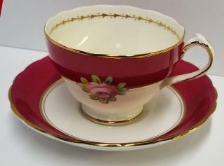 Royal Chelsea England Vintage Bone China Rose Maroon Floral Tea Cup Saucer Set