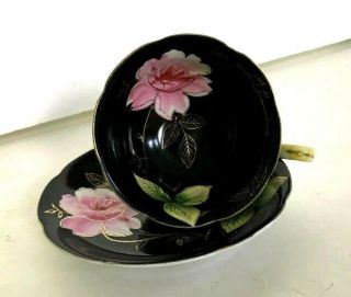 Black Vintage Made In Japan Hand Painted Floral Porcelain Tea Cup And Saucer