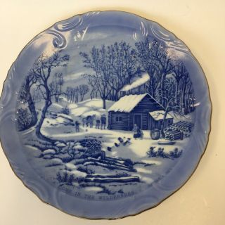 Vintage Currier & Ives Plate Set (2) - “home In The Wilderness " Blue And White.