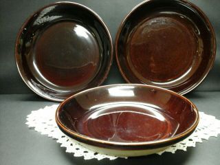 3 Vintage Brown Glazed Stoneware Pottery Pie Plates Set Of 3 - 9.  5 "