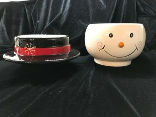 Home and Garden Party Stoneware Snowman Head 2 piece Cookie,  Candy or Soup Bowl 4