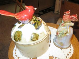 Rustic Drip Glazed Pottery Lidded Candy Dish And Bell With Cardinal