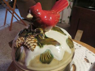 rustic drip glazed pottery lidded candy dish and bell with cardinal 2