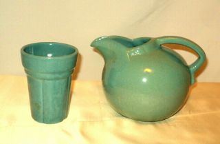 Vintage Frankoma Pottery Teal Blue Green Pitcher & Tumbler Art Deco 87 - 80c