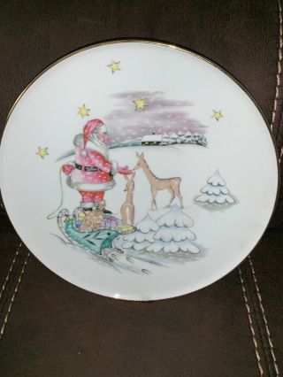H&g Heinrich Christmas Plate Selb Bavaria Germany: Santa & Fawns Gold Trim
