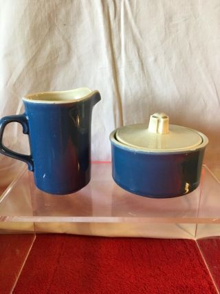 Mid Century Blue & White California Pottery Sugar Bowl And Creamer Usa Vintage