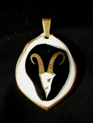 Vintage Rosenthal Porcelain Pendant Gold & Black Ram Goat Head Artist Signed
