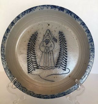 D.  Eldreth Pottery Christmas Santa Salt Glazed Blue 11” Pie Plate W/plate Holder