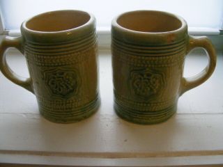2 Mccoy Green Stoneware 5in Coffee Mugs Beer Steins With Grape Motif C1920 