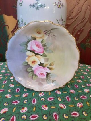 Antique Elite Limoges Hand Painted Artist Signed Cabinet Plate Pink Yellow Roses