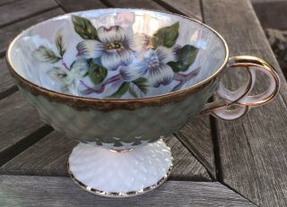 Dogwood Flowers Green Lusterware Iridescent Footed Tea Cup Cherry China Japan