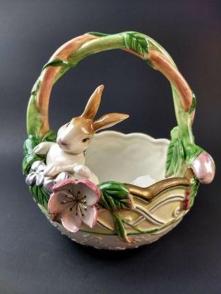 Fitz And Floyd Classics Bunny Rabbit Basket With Pink Flowers Easter