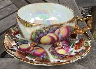 Fruit Gold Iridescent Lusterware Footed Tea Cup Saucer Royal Sealy China Japan