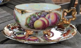Fruit Gold Iridescent Lusterware Footed Tea Cup Saucer Royal Sealy China Japan 2