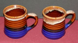 Vintage 5 " Brown & Blue Drip Glaze Patterned Coffee Cups