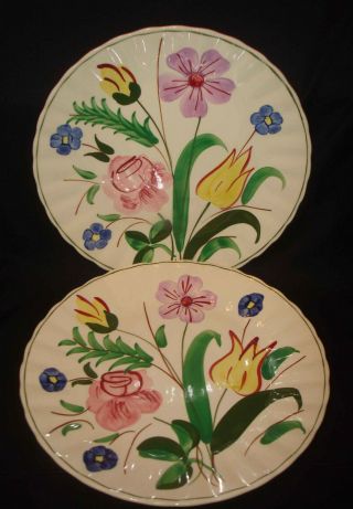 Vintage Blue Ridge Southern Potteries Hand Painted Tulip Rose Flower 9 ⅜” Plates
