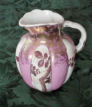 Antique German Schierholz Porcelain Pitcher Pink & White Trimmed In Gold 19th C
