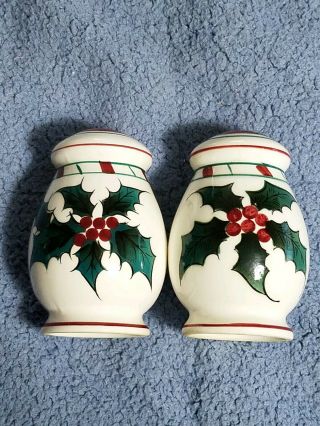 Vintage Lefton Christmas Holly Candy Cane Marked 034n Salt & Pepper Hand - Painted