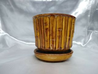 Vintage Small Mccoy Bamboo Planter W/ Attached Saucer