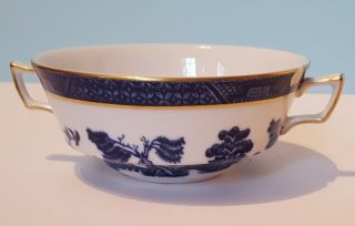 Booths Real Old Willow 2 Handled Soup Cup Bowl Gold Trim Royal Doulton With Chip