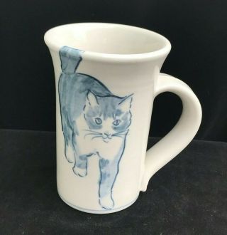Blue And Gray Stoneware Cat Coffee Or Tea Mug Marked " M "