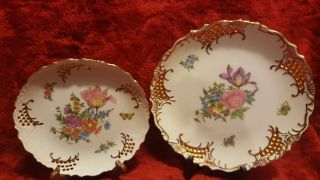 Pair Antique Porcelain Plate Handpainted Scalloped Edge Gold Trim Floral Signed