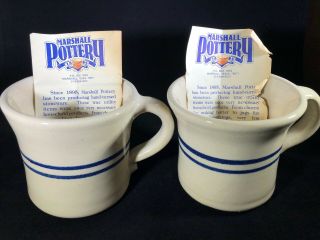 2 Signed Hand Thrown Vintage Marshall Pottery Stoneware Mugs W/ Blue Stripes