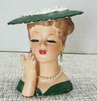Vintage Napco Green Dress Hat Gold Trim Lady Head Vase Pearls Hand Raised