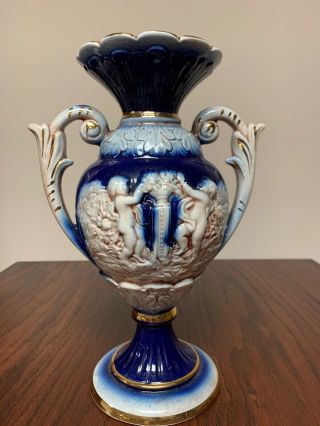 Norleans Footed Cobalt Ewer Urn Vase Handmade In Italy 11x7 Blue With Cherubs